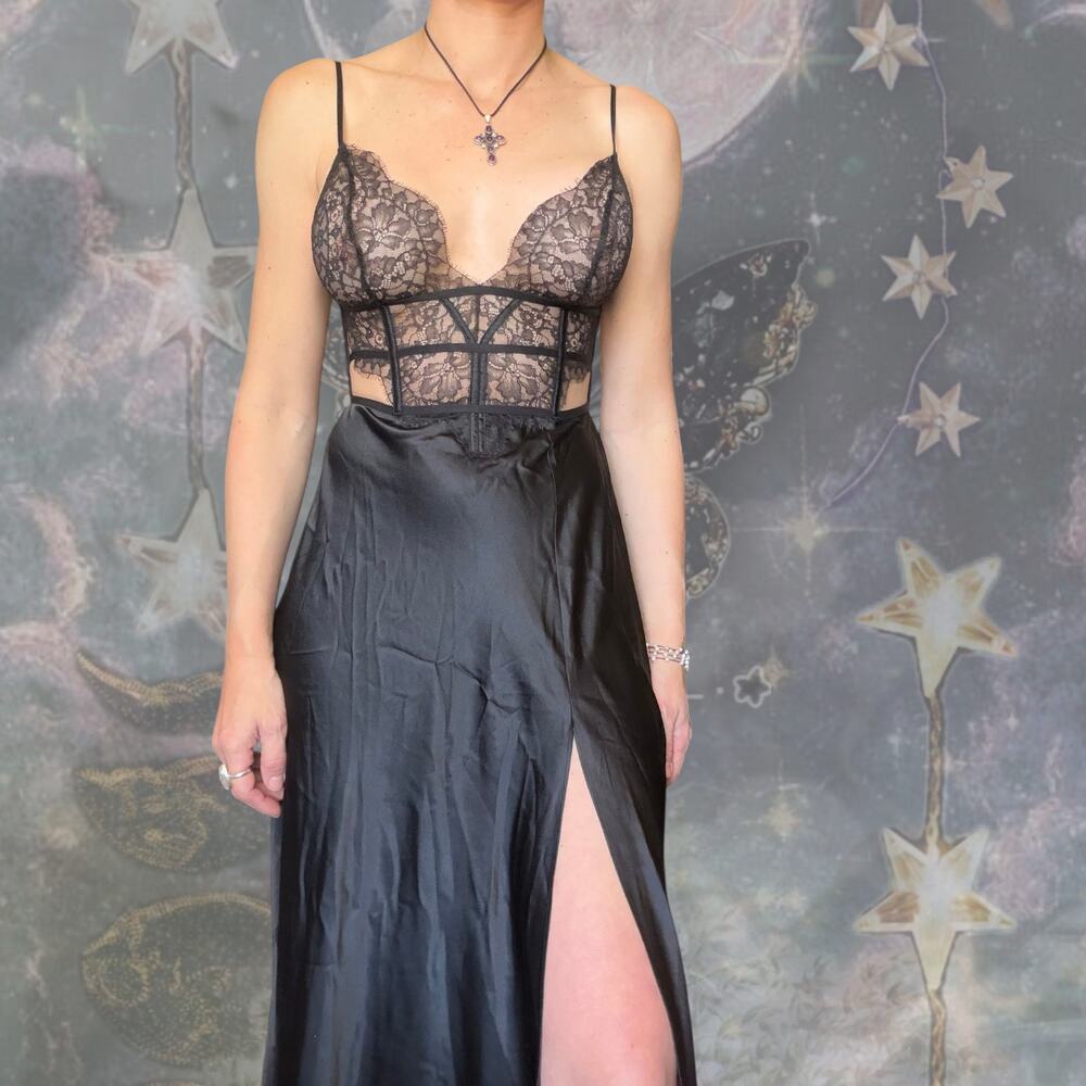 Victoria’s Secret Black Lace Satin Slip Dress Dark Romantic Gothic Boudoir